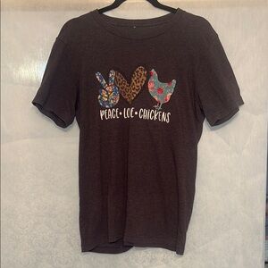 Gildan Charcoal Tee with Peace Love Chickens Design